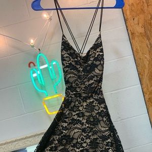 Spaghetti Strap Black Lace Mini Dress w/ open back